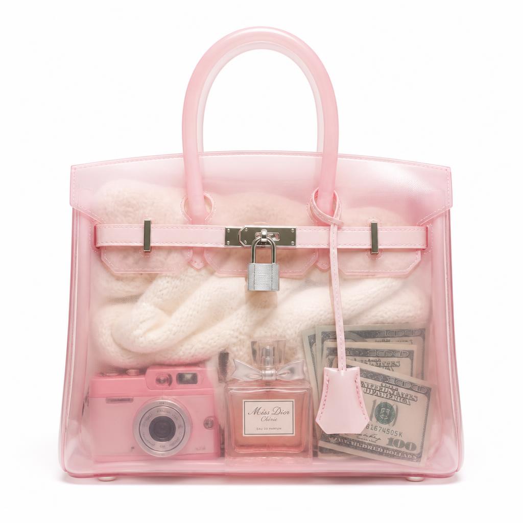 Sac Jelly Firkin rose clair translucide rempli d'accessoires